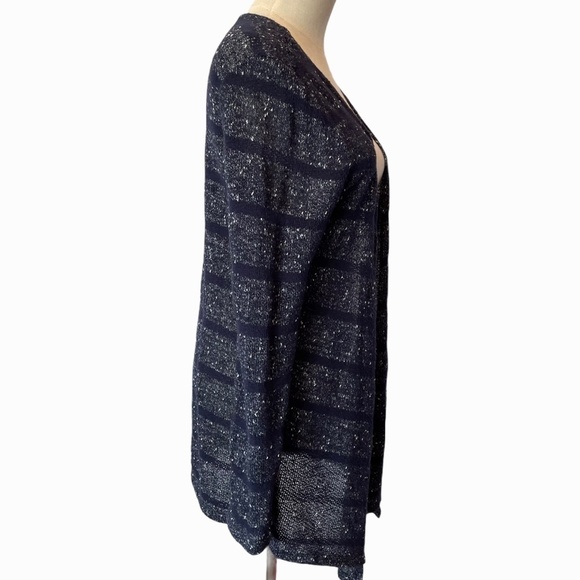 Jess Sz.M Dark Blue Long Line Mid Length Striped Speckle Knit Cardigan Cozycore - Picture 3 of 8